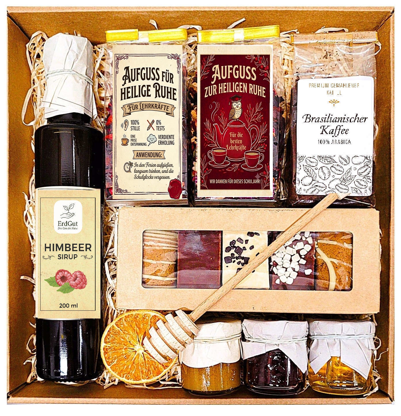 Geschenkkorb – Honig, Lebkuchen, Tee, Kaffee, Himbeersirup