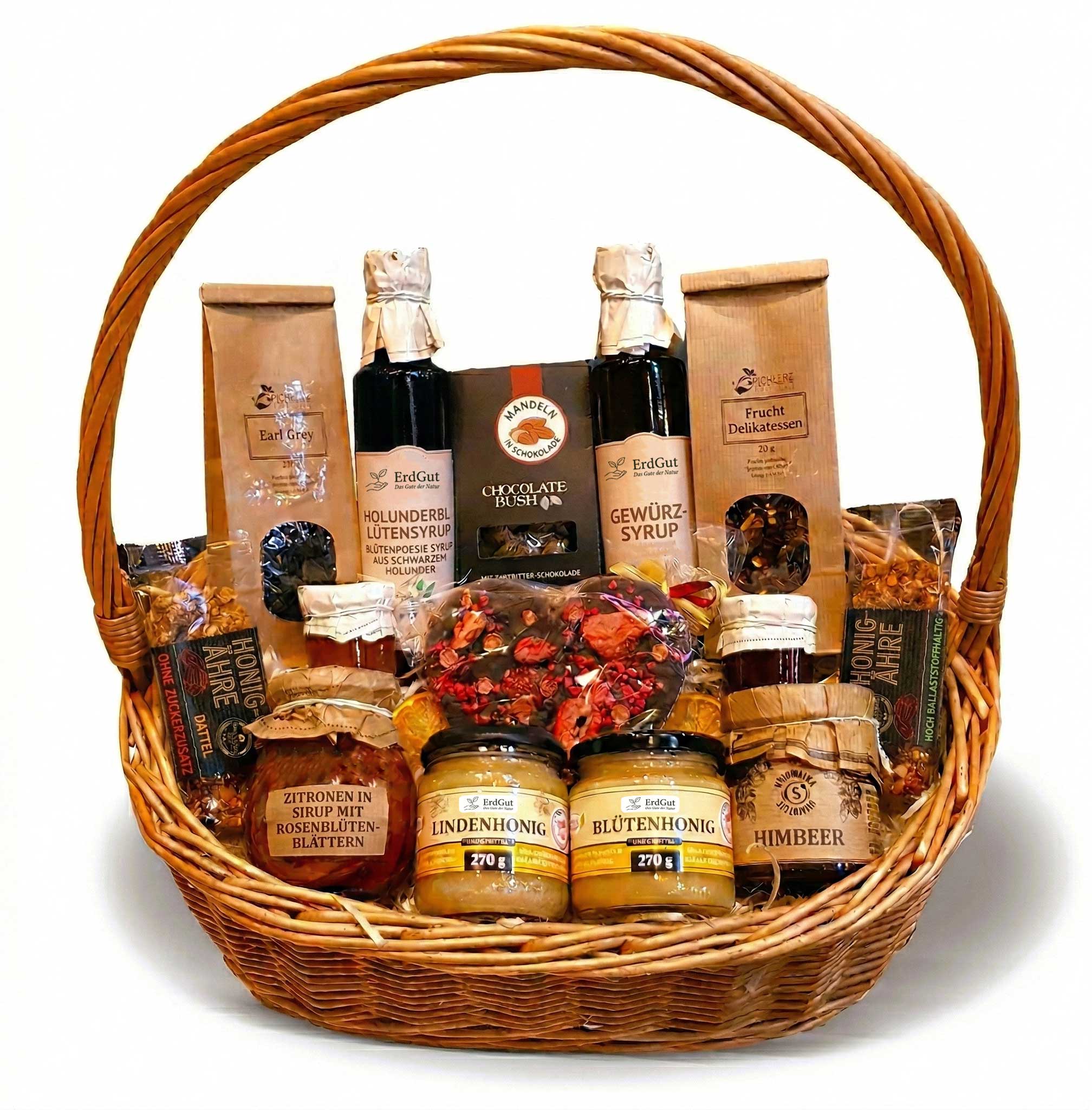 Geschenkkorb mit Honig, Sirup und edler Schokolade