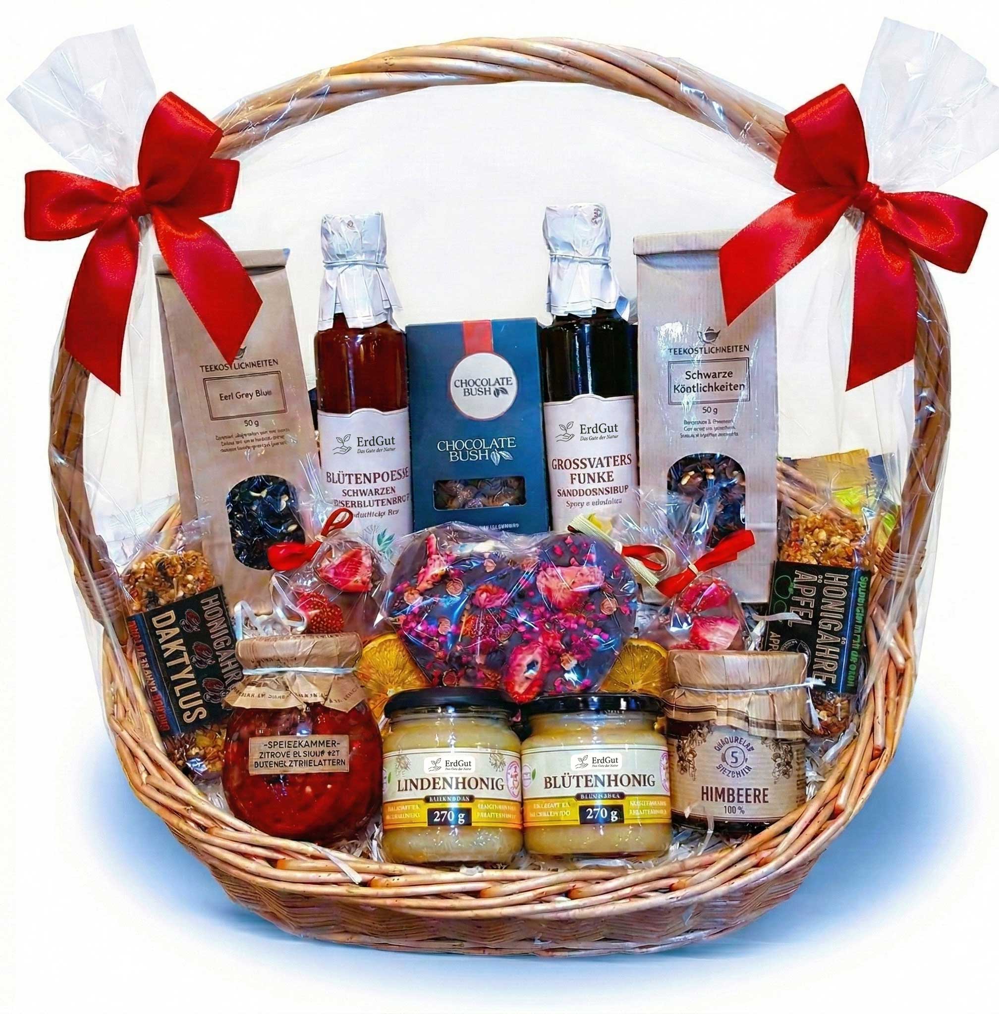 Geschenkkorb mit Honig, Sirup, Konfitüre und edler Schokolade