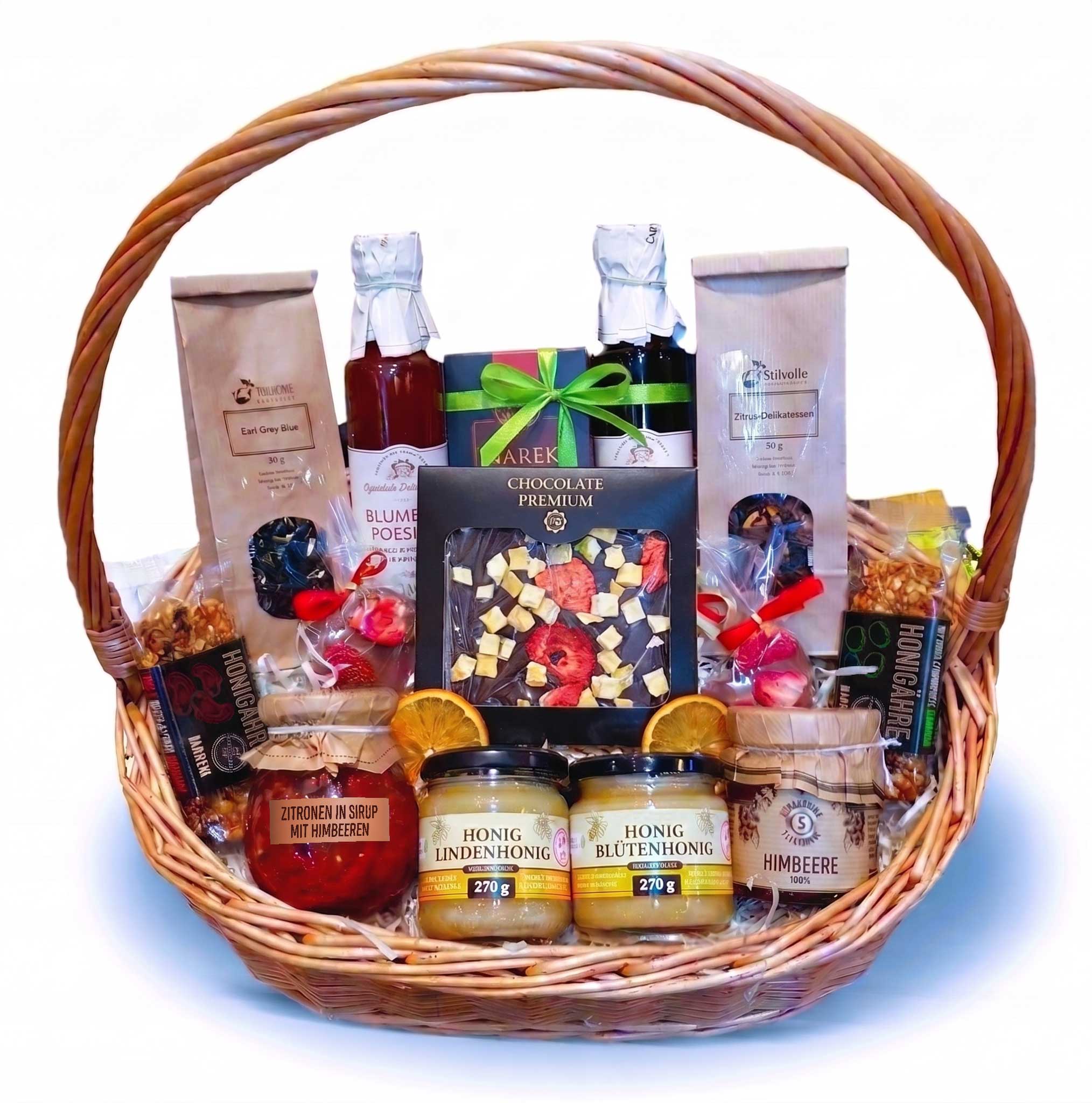 Geschenkkorb mit Honig, Sirup, Konfitüre und edler Schokolade