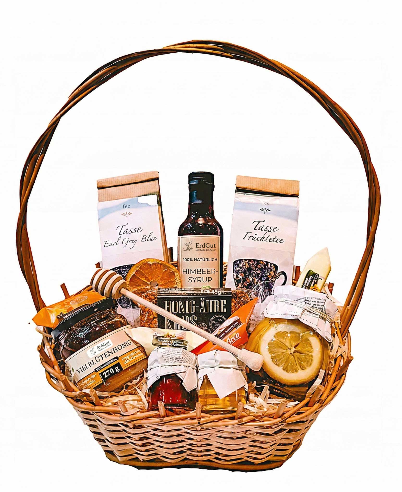 Geschenkkorb mit Honig, Tee, Sirup und Konfitüre