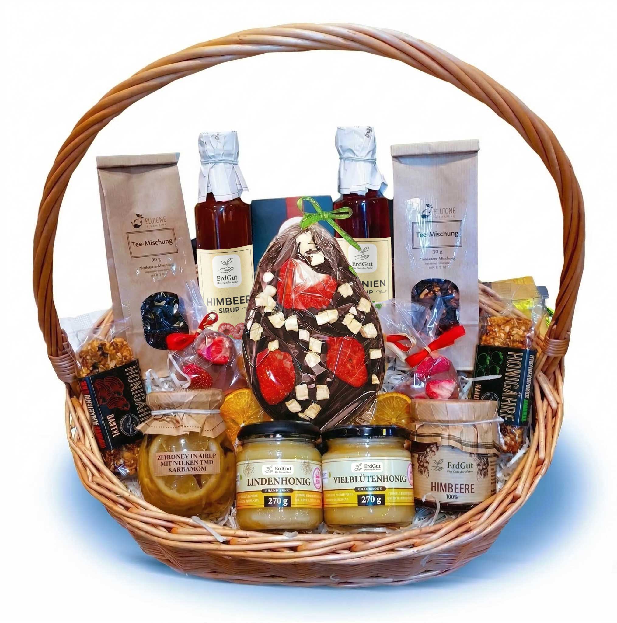 Geschenkkorb mit Honig, Sirup, Konfitüre und Schokoladen-Osterei