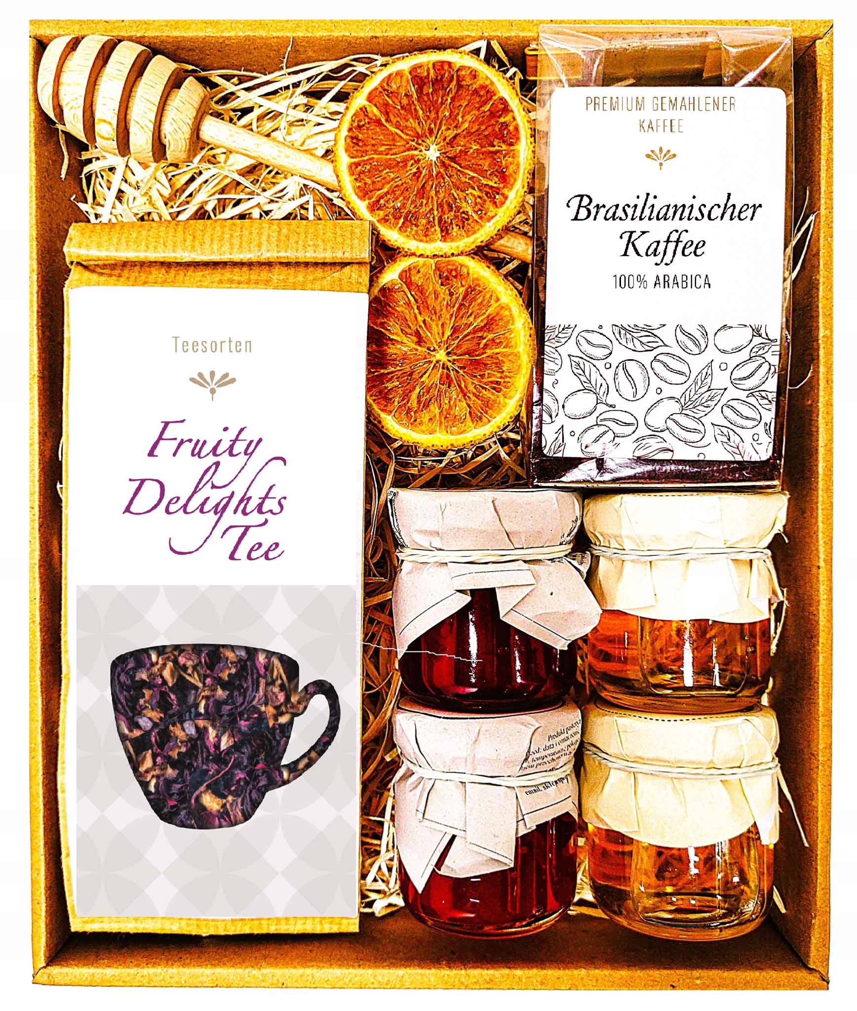 Geschenkkorb mit Kaffee, Tee, Konfitüre und Honig