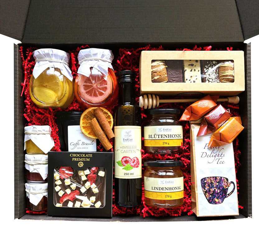 Geschenkkorb mit Honig, Kaffee, Tee und Premium-Schokolade