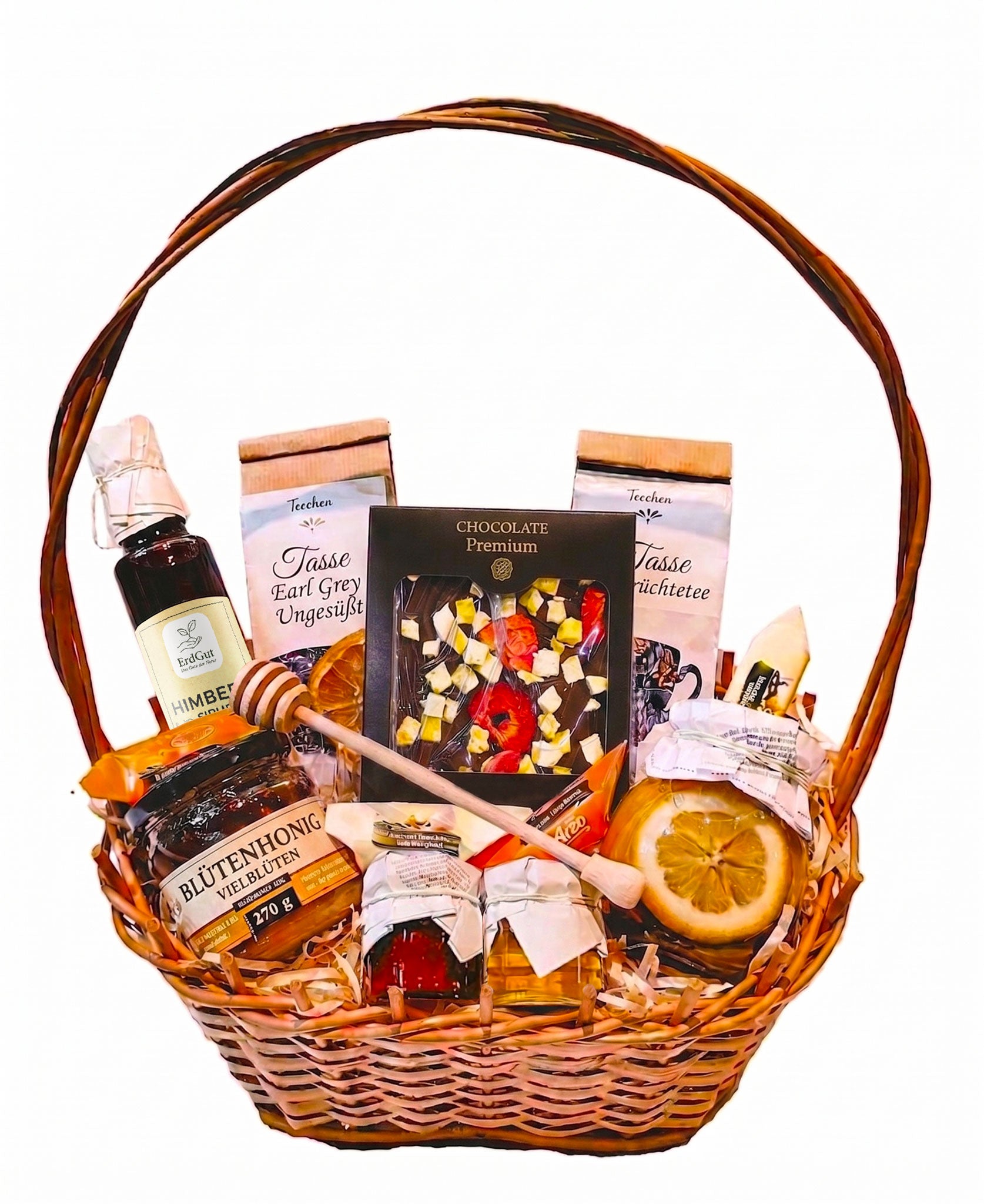 Geschenkkorb mit Honig, Schokolade, Tee, Sirup und Konfitüre