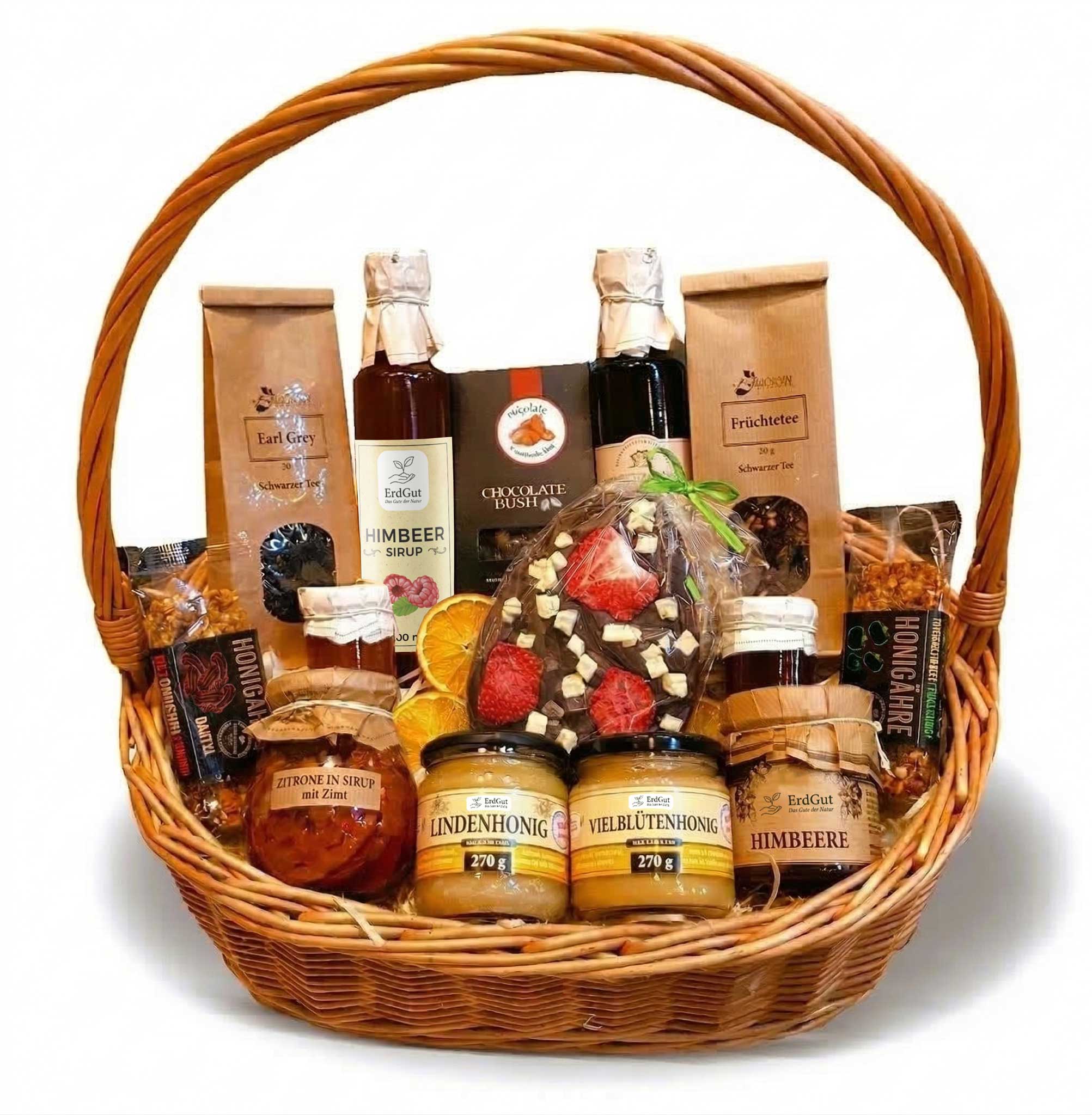 Geschenkkorb mit Honig, Konfitüre, Sirup und Schokoladen-Osterei