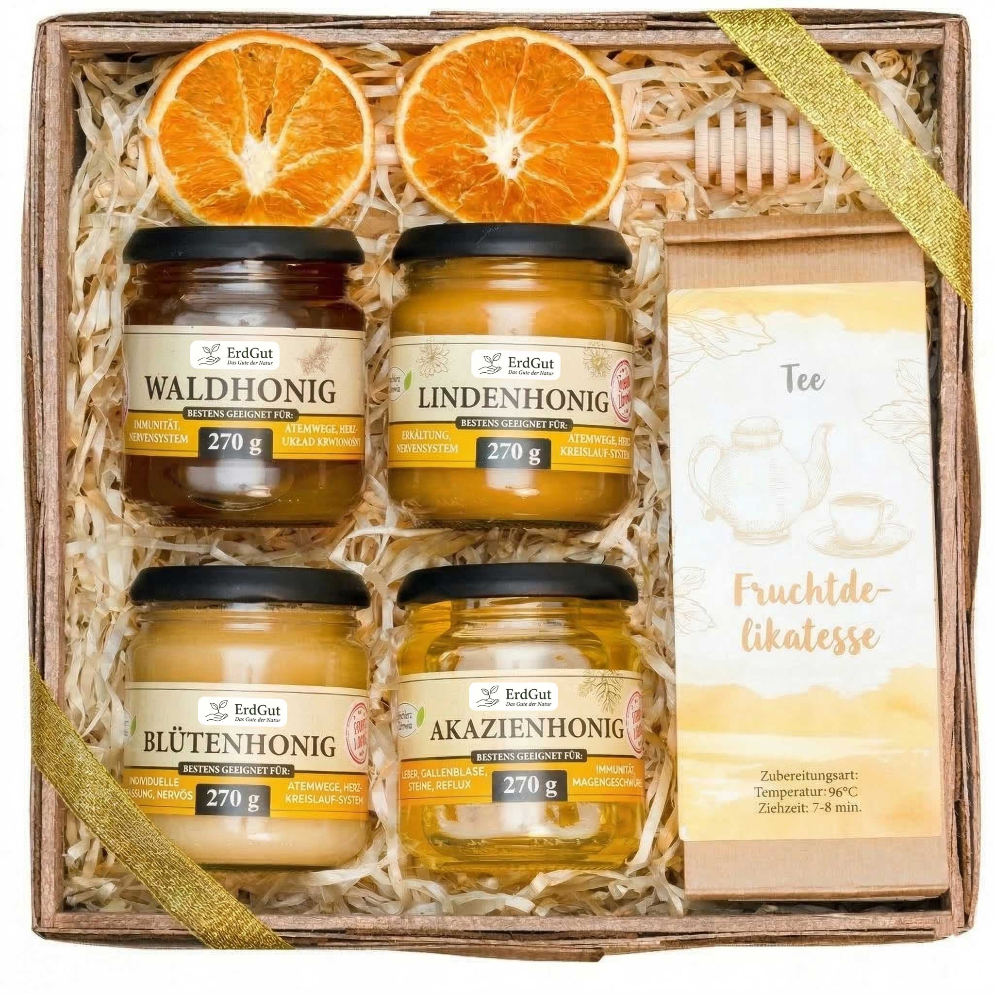 Geschenkkorb mit Honig und Früchtetee